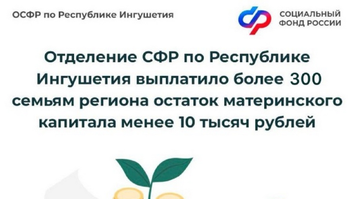 Новости Ингушетии: Более 300 жителей Республики Ингушетия получили остаток материнского капитала менее 10 тысяч рублей в виде единовременной выплаты